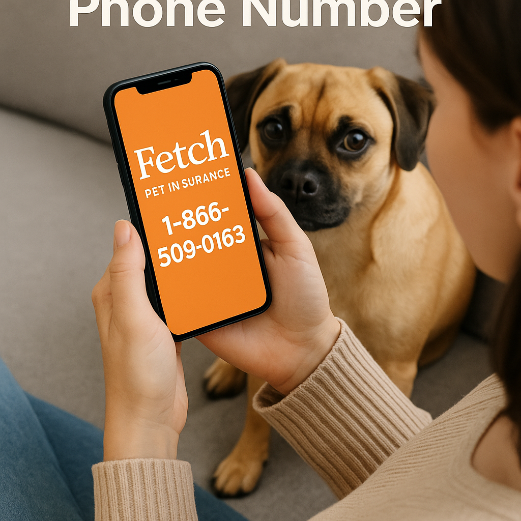 Woman holding smartphone showing Fetch Pet Insurance phone number with dog beside her.