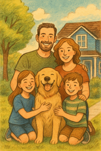 Hand-drawn illustration of a Hampden family with two kids and a golden retriever smiling in front of their suburban blue house.Let me know if you'd like these optimize