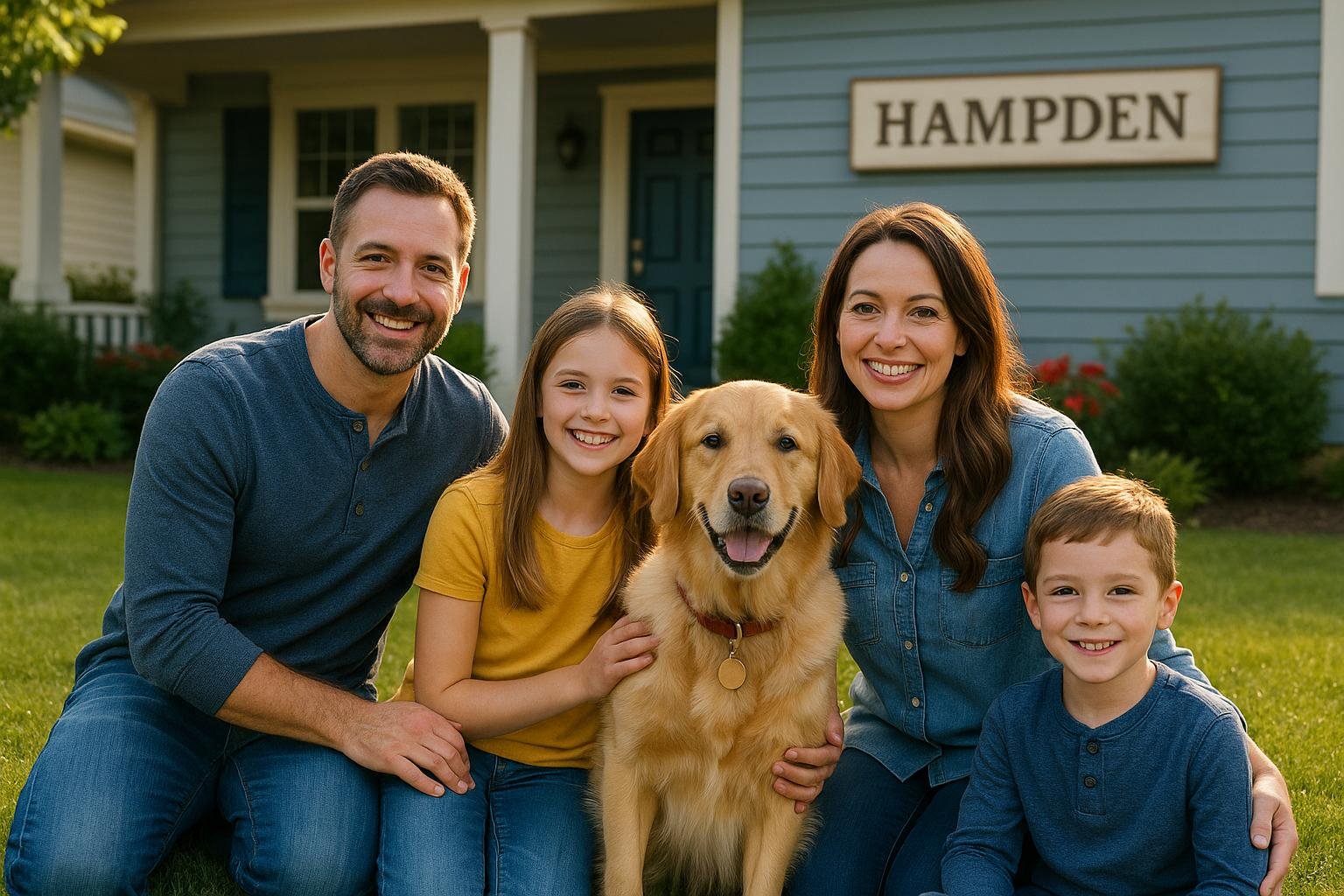 Hampden family of four smiling with their golden retriever in front of their home on a sunny day.