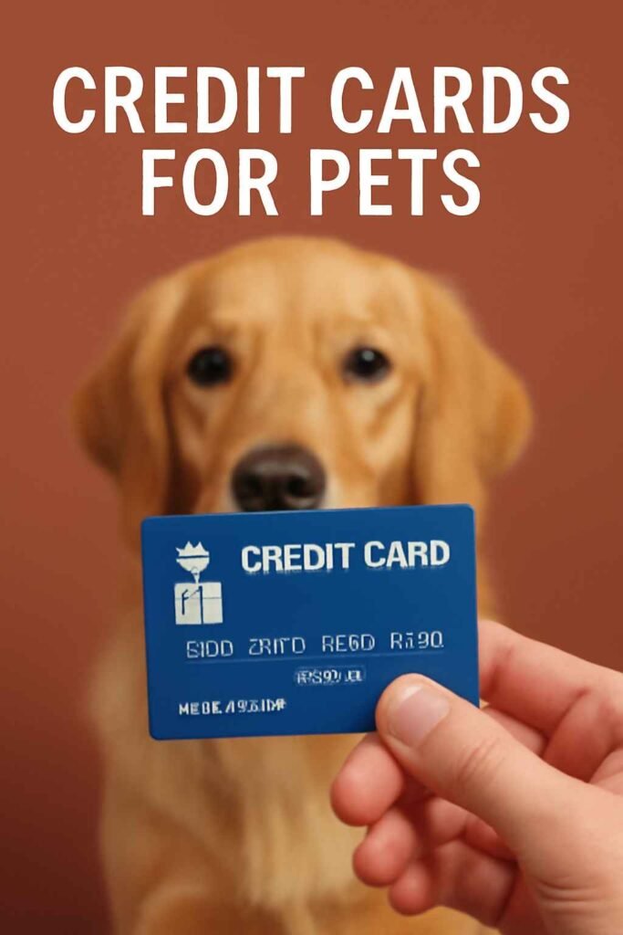 "Credit card for pets held by a person with a Golden Retriever blurred in the background"