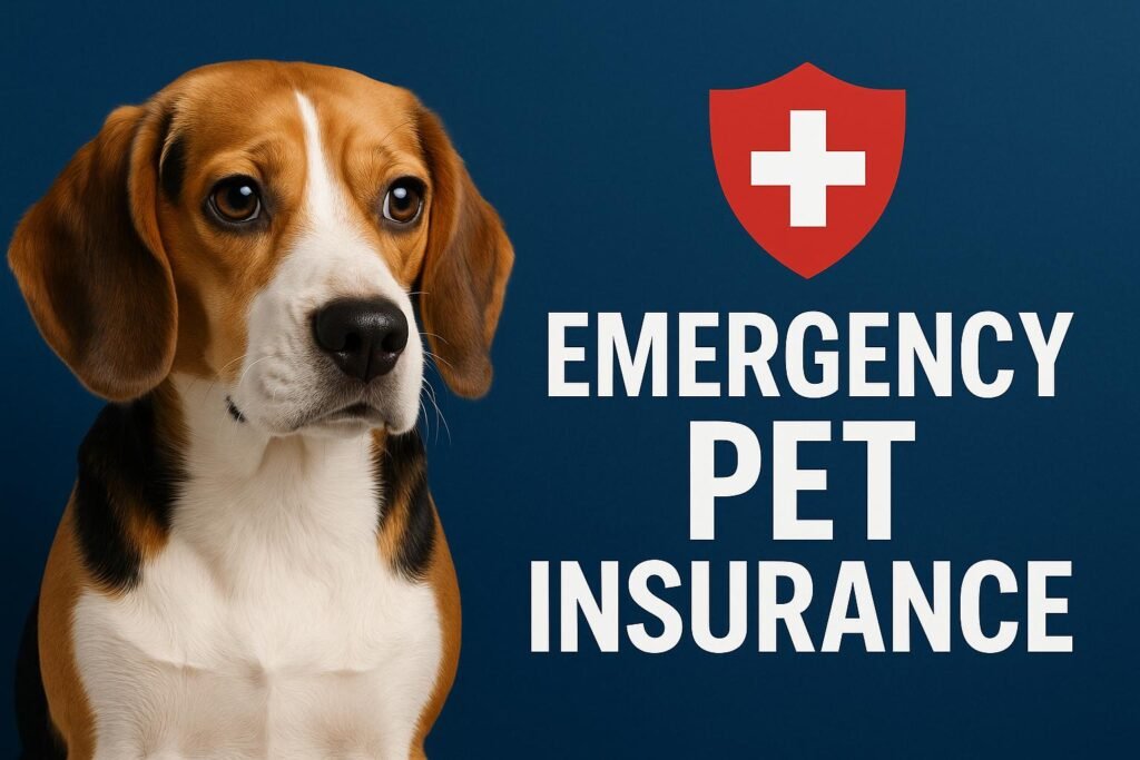 Beagle dog next to red medical shield icon with white cross and text “Emergency Pet Insurance” on a dark blue background.
