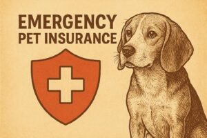 Vintage-style Beagle illustration next to a red shield with a medical cross and bold emergency pet insurance text on a parchment background.