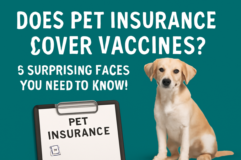 "Does pet insurance cover vaccines? A dog sitting next to a clipboard with 'Pet Insurance' written on it."